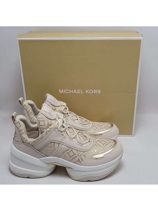 Michael Kors Shoes - Michael Kors Olympia Metallic Logo Jacquard Trainer Cream Gold Women's 10M NIB